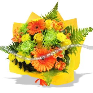 Букет ярких красок из гербер, роз и хризантем Букет ярких красок из гербер, роз и хризантем